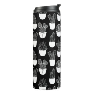 Cacti White Line Art Pattern Thermal Tumbler