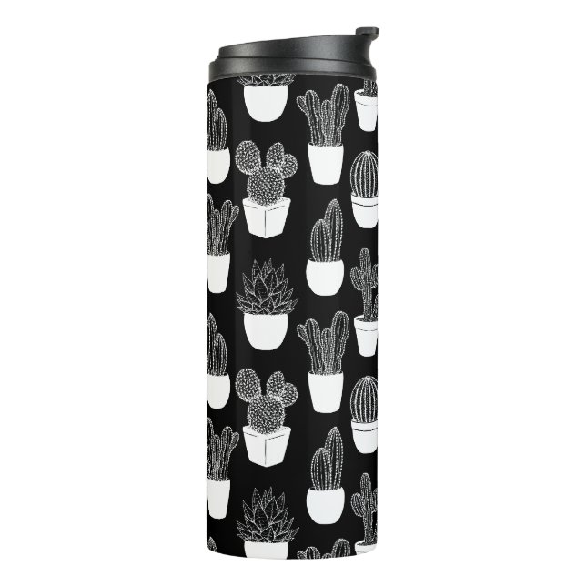 Cacti White Line Art Pattern Thermal Tumbler (Rotated Left)