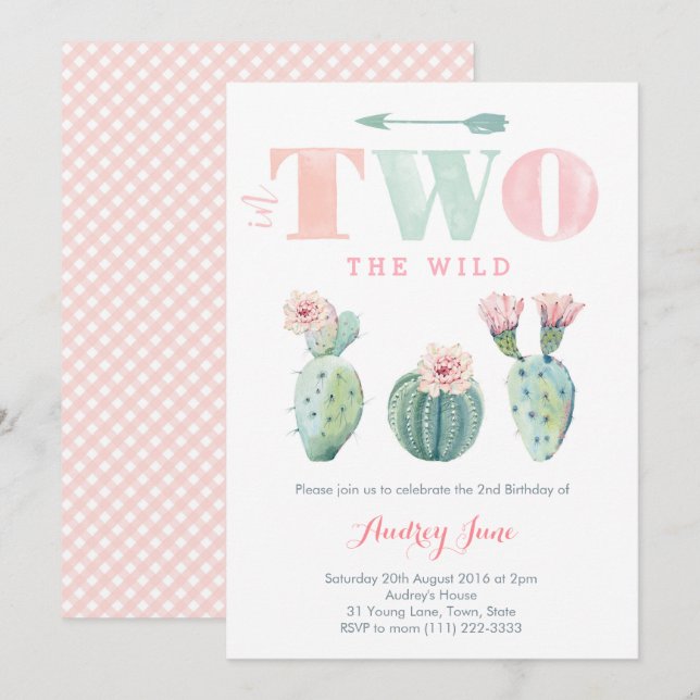 Cactus 2nd Birthday Party Invitations, Baby Girl Invitation (Front/Back)
