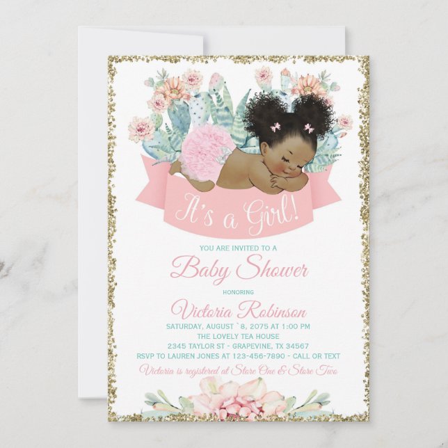 Cactus African American Afro Girl Baby Shower Invitation (Front)