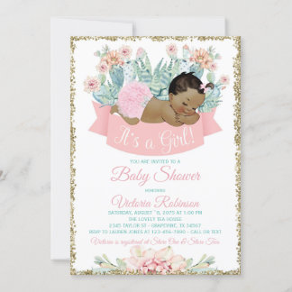 Cactus African American Girl Baby Shower Invitation
