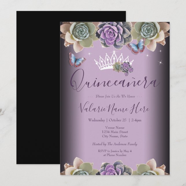 Cactus and Butterfly Elegant Quinceanera Invitatio Invitation (Front/Back)
