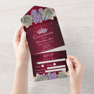 Cactus and Butterfly Elegant Quinceanera red All I All In One Invitation