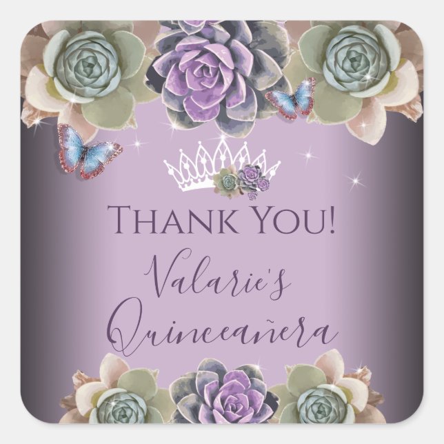 Cactus and Butterfly Elegant Quinceanera Square St Sticker (Front)