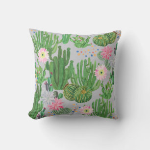 Cactus and flowers, watercolor seamless painting. cushion