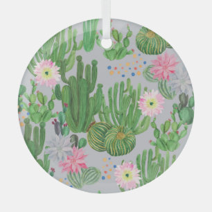 Cactus and flowers, watercolor seamless painting. glass tree decoration