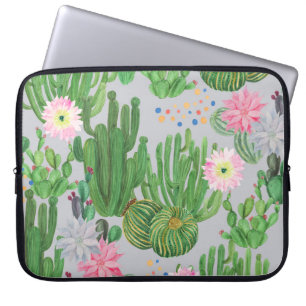 Cactus and flowers, watercolor seamless painting. laptop sleeve