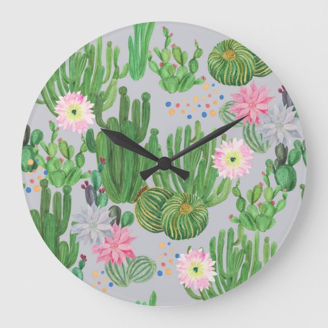 Cactus and flowers, watercolor seamless painting. large clock (Front)