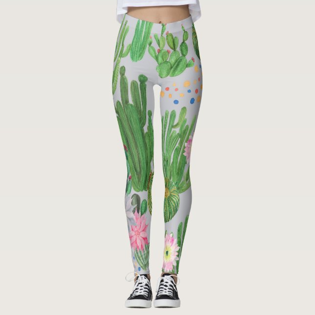 Cactus and flowers, watercolor seamless painting. leggings (Front)