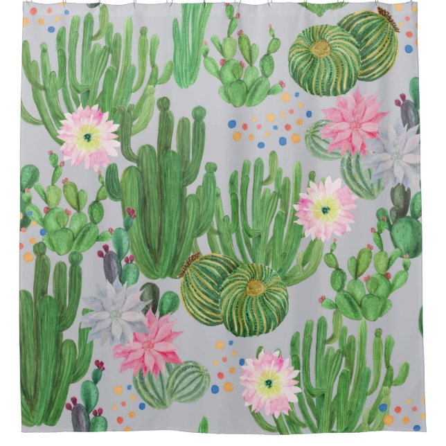 Cactus and flowers, watercolor seamless painting. shower curtain (Front)