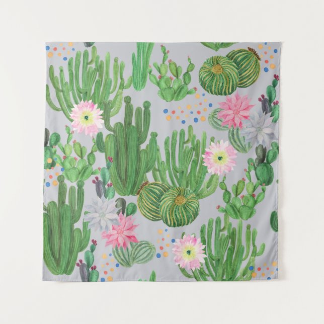 Cactus and flowers, watercolor seamless painting. tapestry (Front)