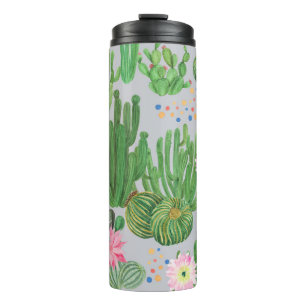 Cactus and flowers, watercolor seamless painting. thermal tumbler
