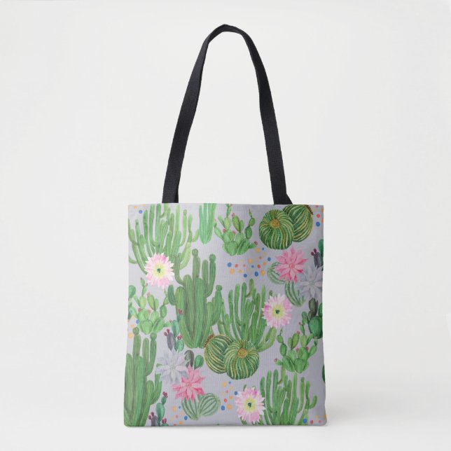 Cactus and flowers, watercolor seamless painting. tote bag (Front)