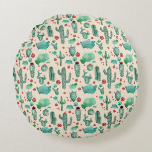 cactus and ladybug pattern - beige background round cushion