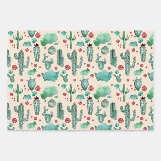 cactus and ladybug pattern - beige background wrapping paper sheet (Front)