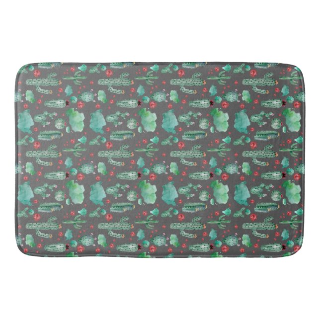 cactus and ladybug pattern - black background bath mat (Front)