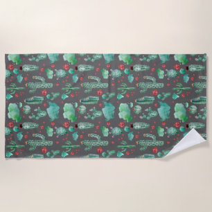cactus and ladybug pattern - black background beach towel