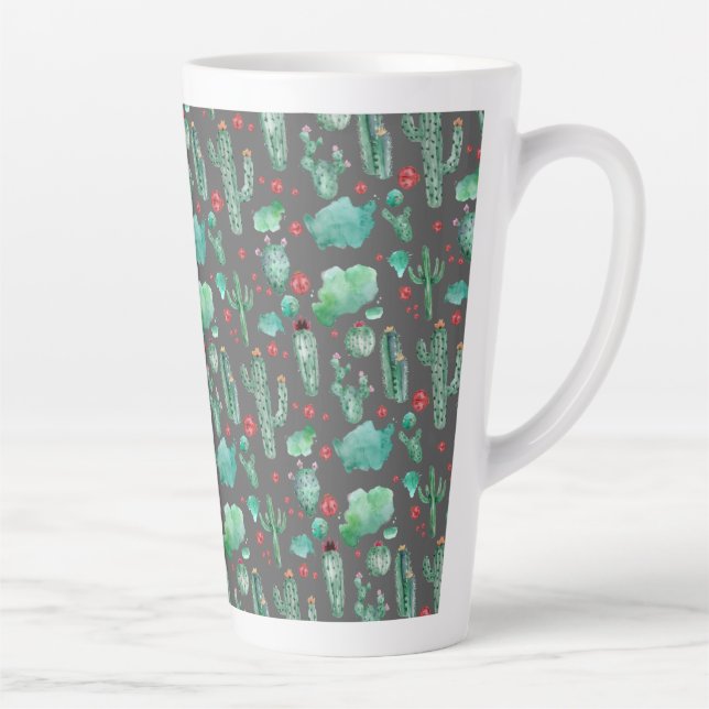 cactus and ladybug pattern - black background latte mug (Right)