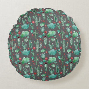 cactus and ladybug pattern - black background round cushion