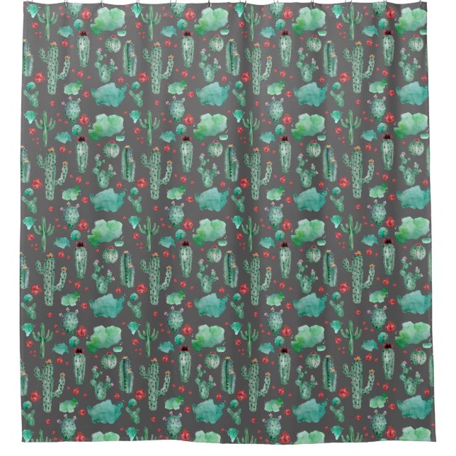 cactus and ladybug pattern - black background shower curtain (Front)