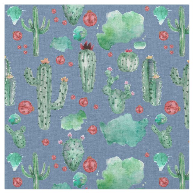 cactus and ladybug pattern - blue background  fabr fabric (Close Up)