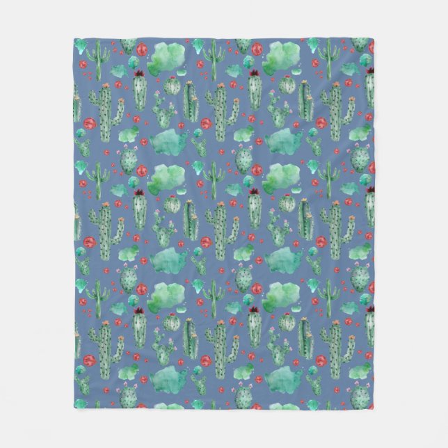 cactus and ladybug pattern - blue background fleece blanket (Front)