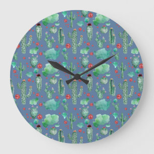 cactus and ladybug pattern - blue background large clock