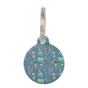cactus and ladybug pattern - blue background pet tag