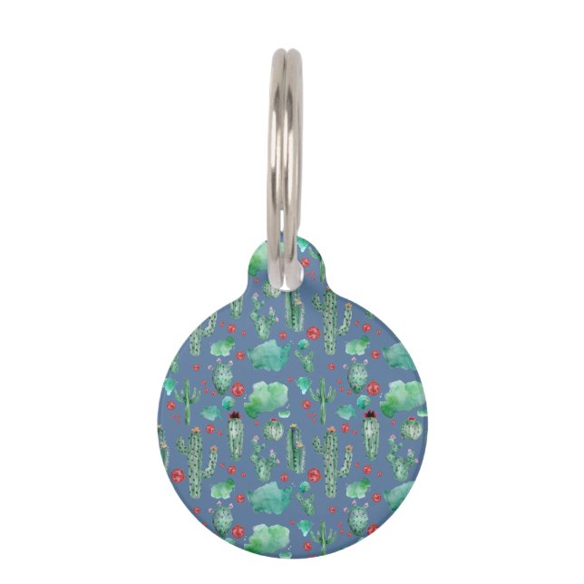 cactus and ladybug pattern - blue background pet tag (Front)