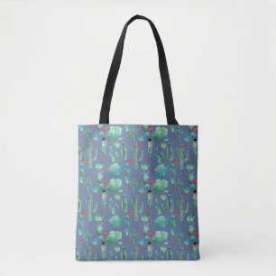 cactus and ladybug pattern - blue background tote bag