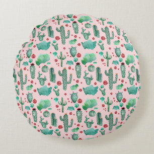cactus and ladybug pattern - light pink background round cushion