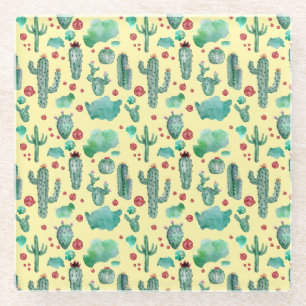 cactus and ladybug pattern - yellow background glass coaster