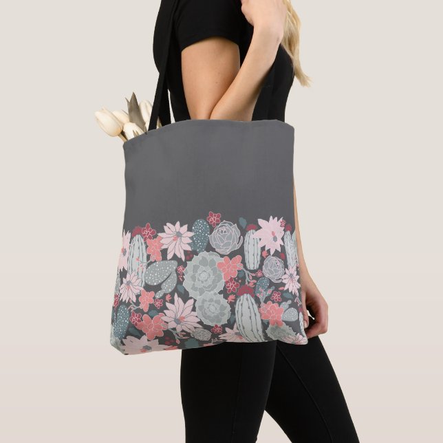 Cactus And Succulent Plants Pattern In Pink-Mint Tote Bag (Close Up)