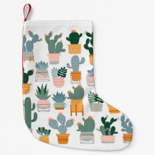 Cactus and succulents in pots on white background. small christmas stocking