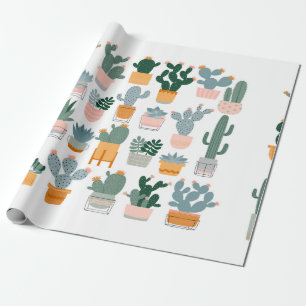 Cactus and succulents in pots on white background. wrapping paper