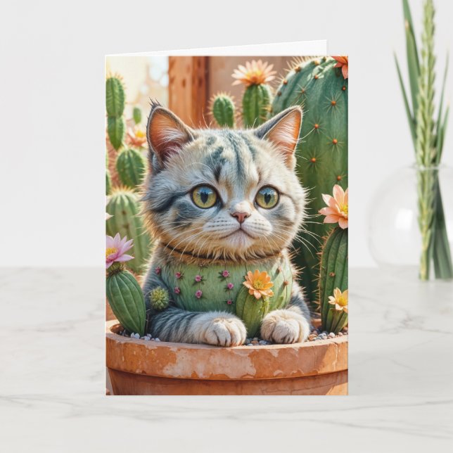 Cactus and Tabby Cat Birthday Card (Front)