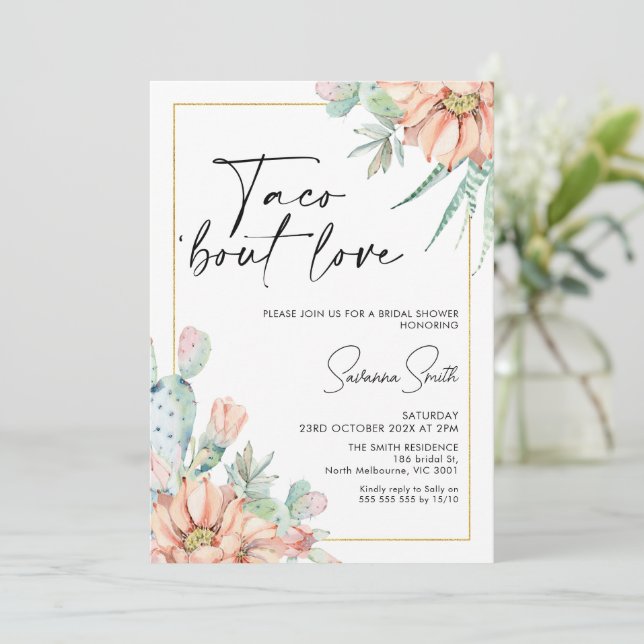 Cactus Apricot Floral Taco Bout Love Bridal Shower Invitation (Standing Front)