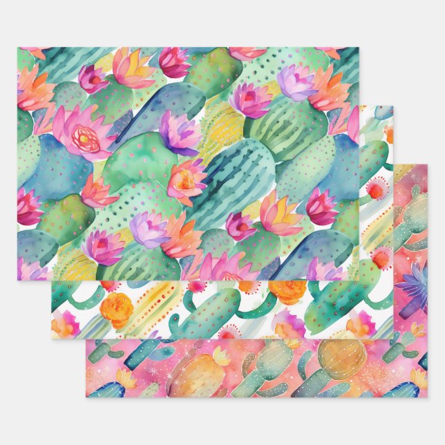 Cactus Art Combo Green White Pink Desert Southwest Wrapping Paper Sheet (Set)
