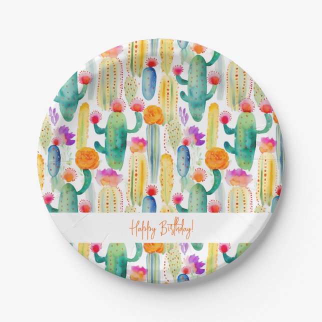 Cactus Art Desert Southwest Happy Birthday Fun Paper Plate (Front)