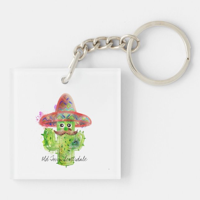 Cactus Art Fiesta Moustache Hat Eyes Location Fun Key Ring (Back)