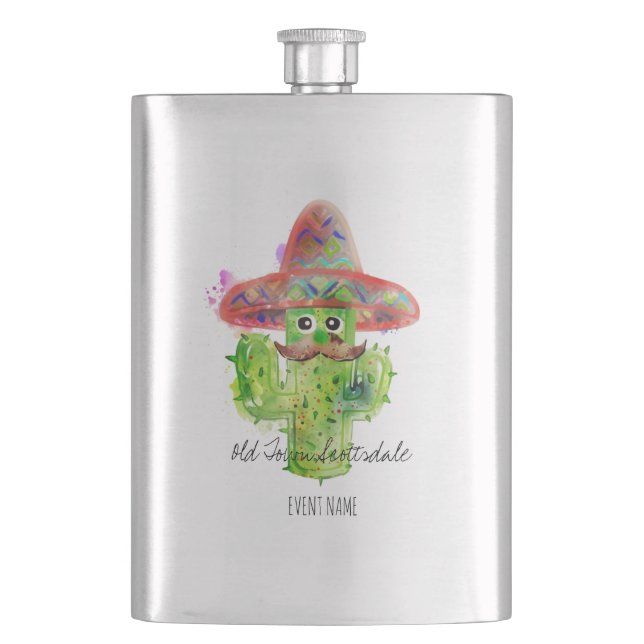 Cactus Art Moustache Hat Fiesta Own AZ Text Fun Hip Flask (Front)