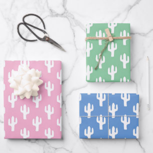 Cactus Baby Blue Pink Pastels Green Desert Sweet Wrapping Paper Sheet