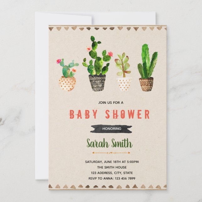 Cactus baby shower party invitation (Front)