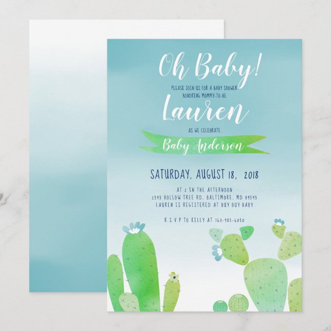 Cactus Baby Shower Water Colour Boy - Boho Blue 5X Invitation (Front/Back)