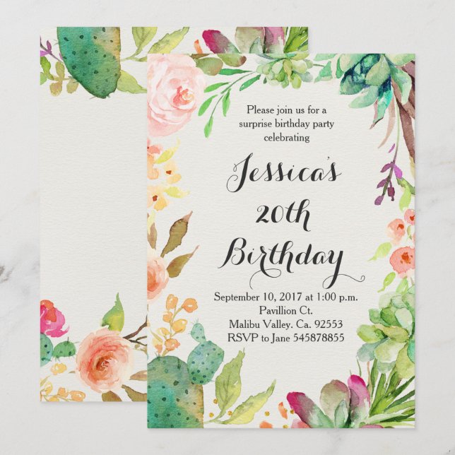 Cactus birthday invitation (Front/Back)