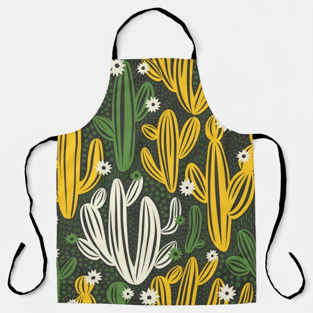 Cactus Black Background Vintage Pattern Apron (Front)