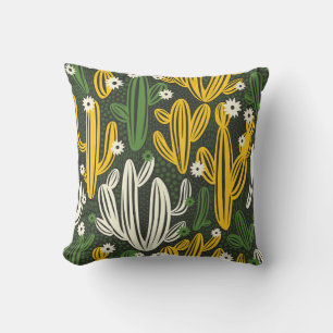 Cactus Black Background Vintage Pattern Cushion