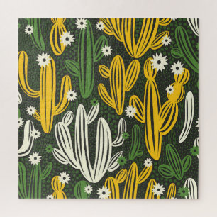 Cactus Black Background Vintage Pattern Jigsaw Puzzle