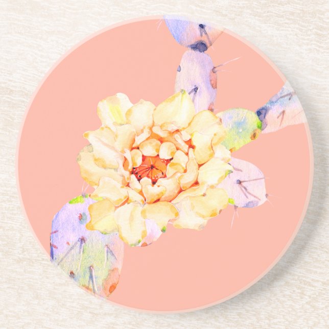 Cactus bloom desert flower watercolor peach purple coaster (Front)