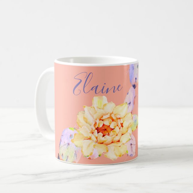 Cactus bloom desert flower watercolor purple peach coffee mug (Front Left)